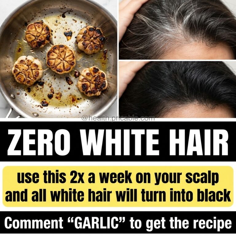 A multi-panel collage featuring roasted garlic cloves with before and after close-ups of a scalp showing grey hair contr