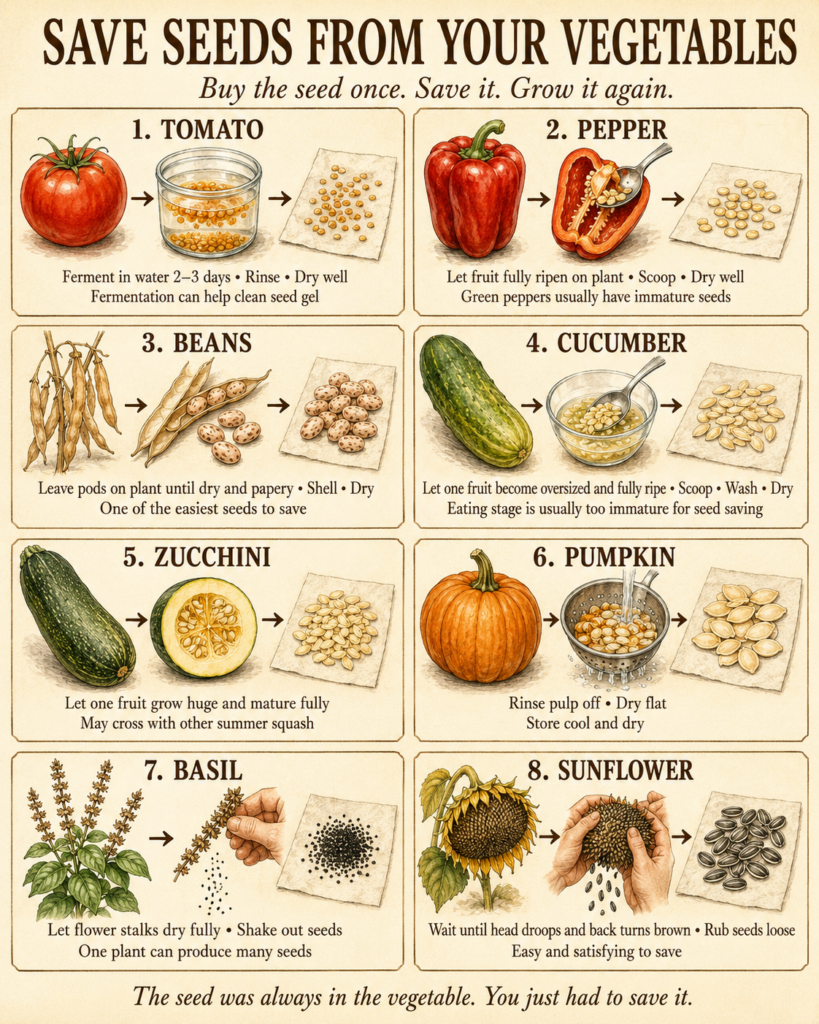 An infographic showing step-by-step instructions for saving seeds from tomatoes peppers beans cucumbers zucchini pumpkin