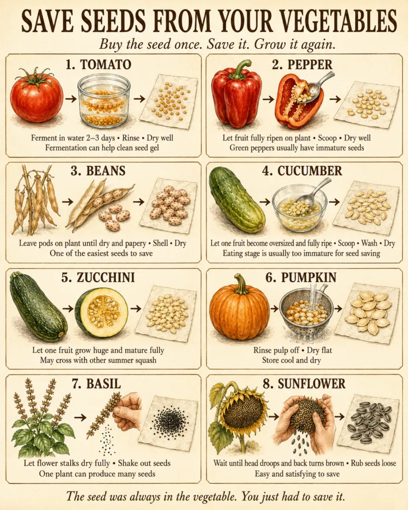 An infographic showing step-by-step instructions for saving seeds from tomatoes peppers beans cucumbers zucchini pumpkin