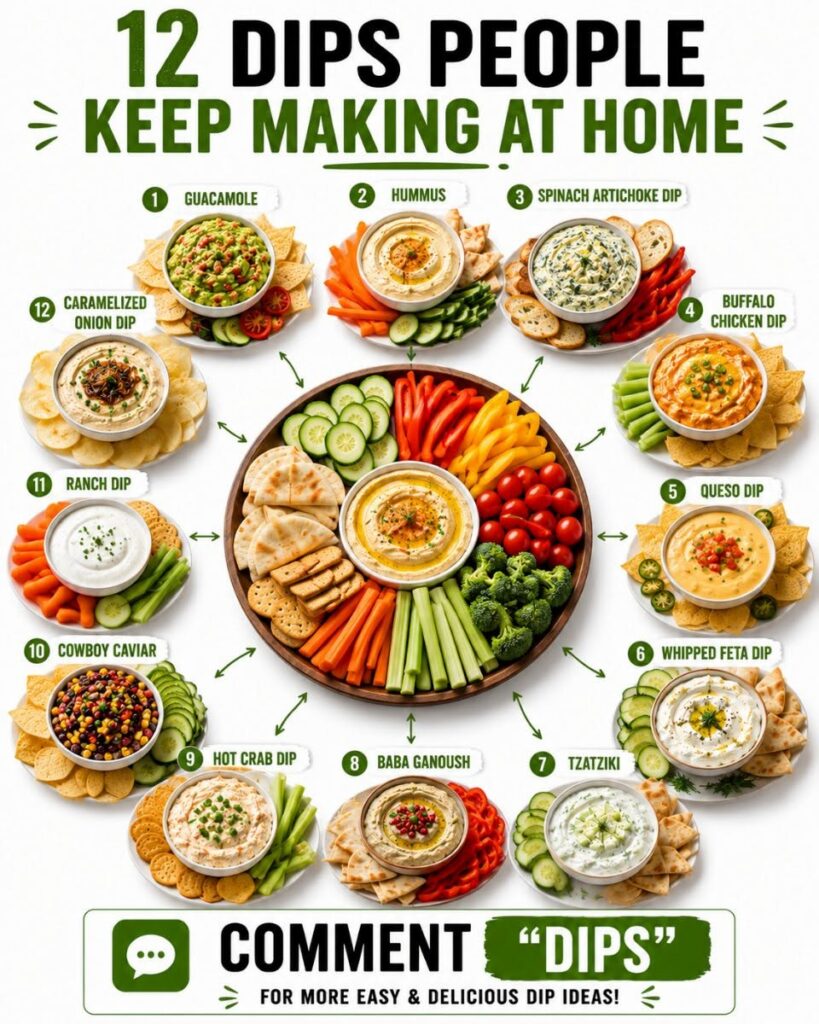 A vibrant top-down circular display of 12 different homemade dips with a central hummus platter surrounded by fresh crud