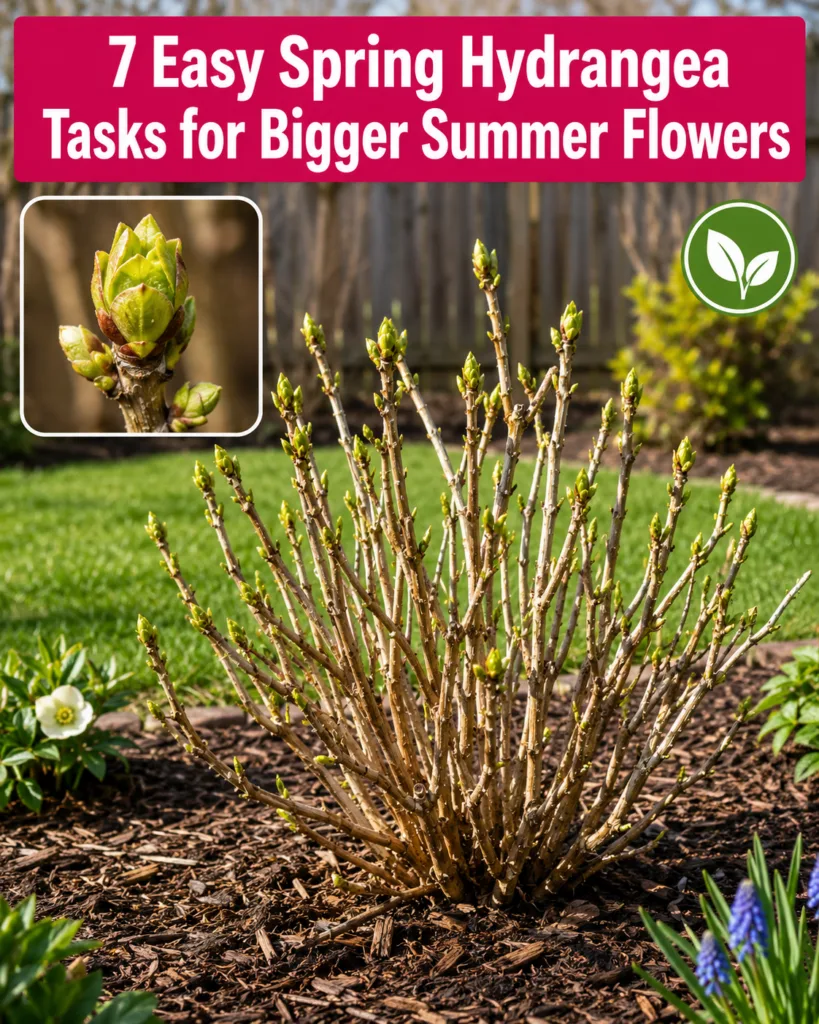 Early spring hydrangea bush with new buds freshly mulched with a close-up inset of a single bud against a background of 