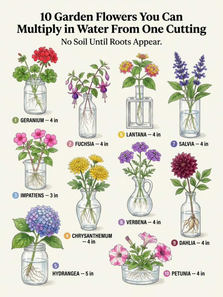 An infographic showing 10 different garden flower cuttings in water each with roots developing and labeled with name and