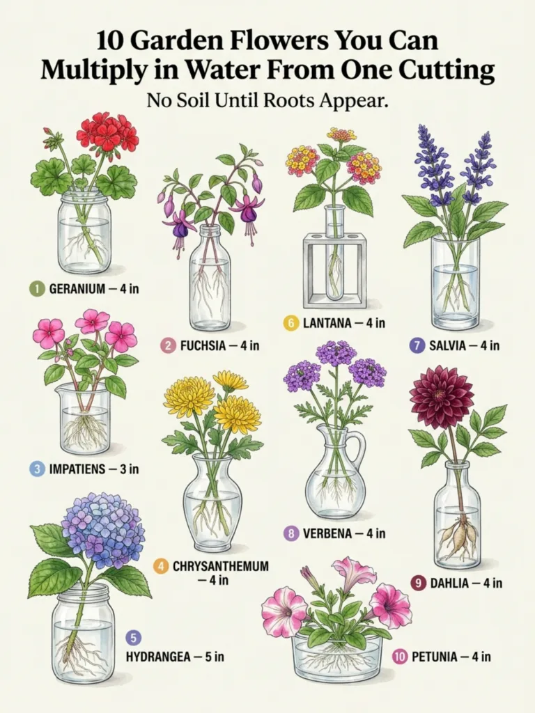An infographic showing 10 different garden flower cuttings in water each with roots developing and labeled with name and