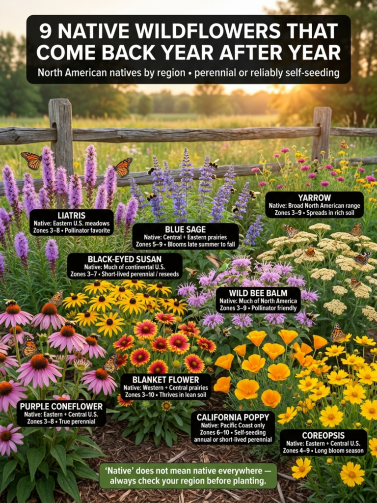 An infographic showing nine different native perennial wildflowers with labels detailing their name native region and pl