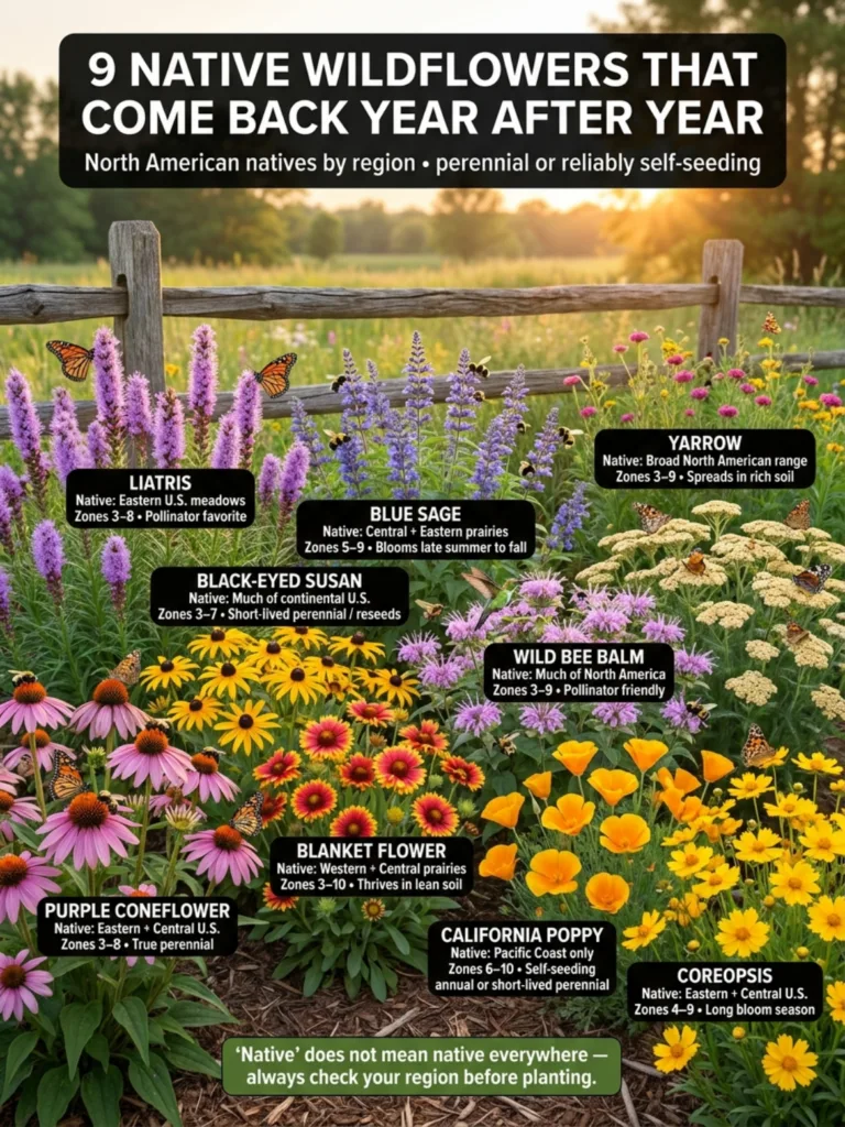 An infographic showing nine different native perennial wildflowers with labels detailing their name native region and pl