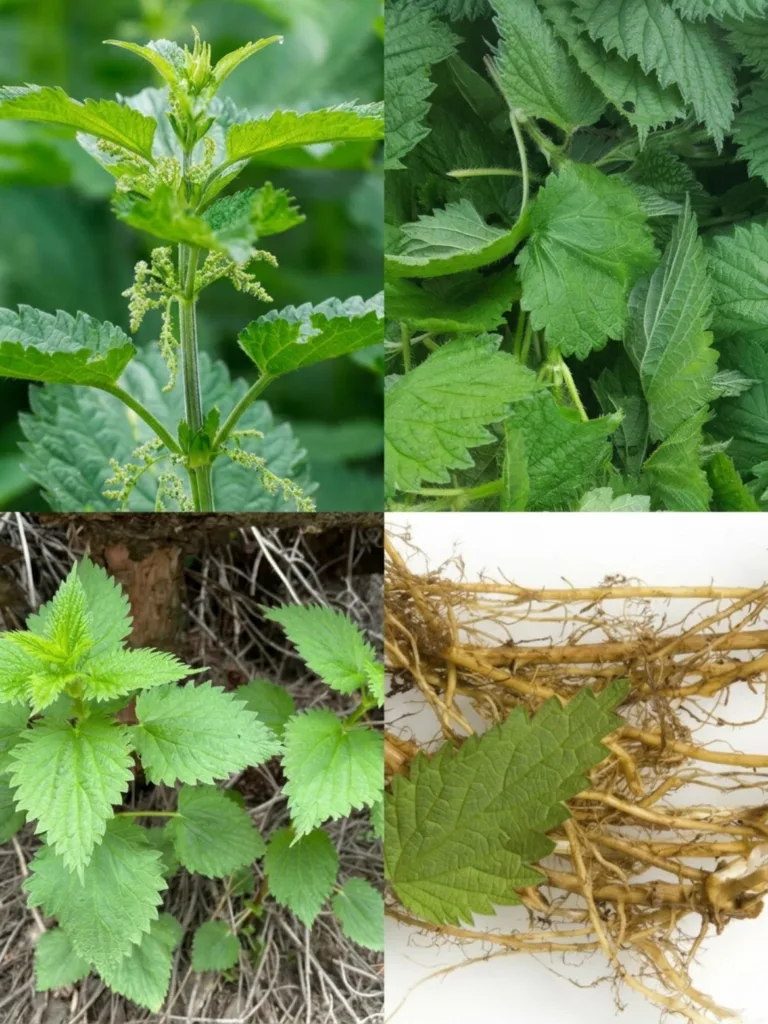 A four-panel collage showing different parts of the stinging nettle plant close-up of flowers and leaves a cluster of gr