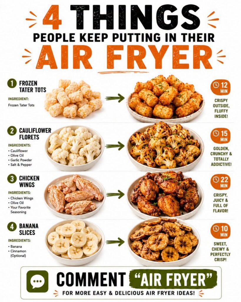 An infographic showing four air fryer recipes frozen tater tots cauliflower florets chicken wings and banana slices with