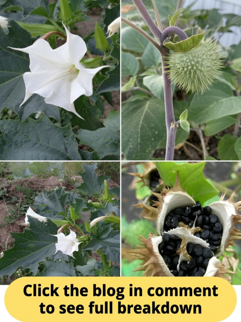 A four-panel collage showing different stages of the Datura plant a white trumpet flower a spiky green fruit pod a broad