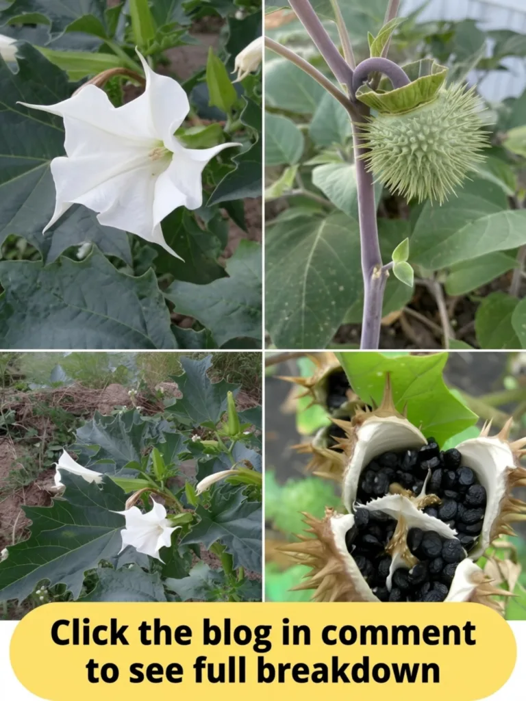 A four-panel collage showing different stages of the Datura plant a white trumpet flower a spiky green fruit pod a broad