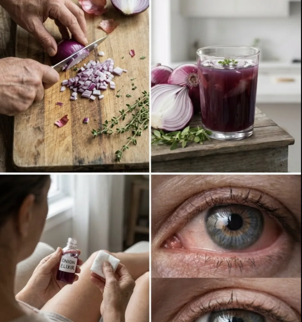 A two-panel image showing on the left hands dicing a red onion on a wooden board with fresh thyme and on the right whole