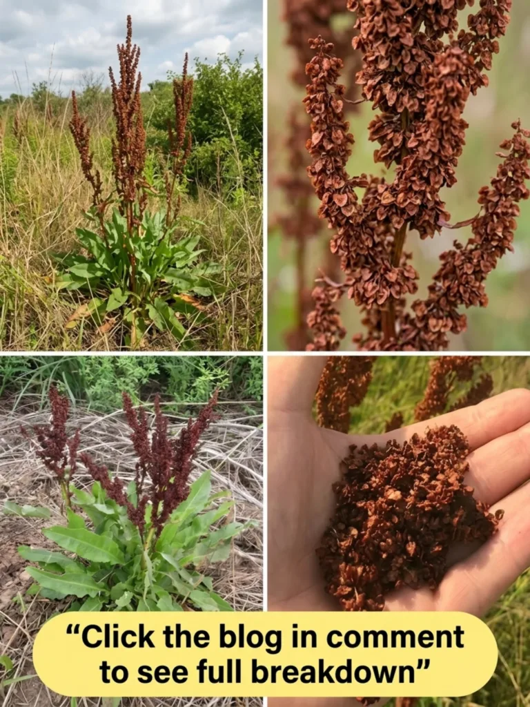 A quad-panel collage showing a wild dock plant in its habitat close-ups of its reddish-brown seed heads and a human hand