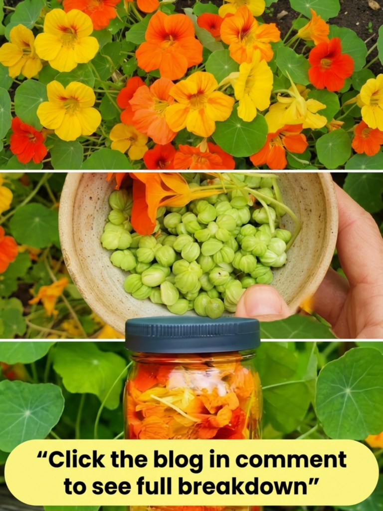 A vertical triptych showing nasturtium flowers in bloom nasturtium seed pods in a bowl being harvested and a jar of pres