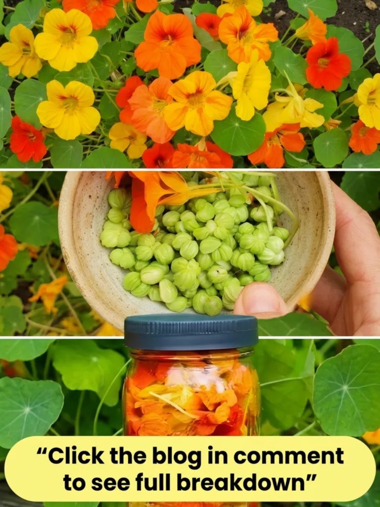 A vertical triptych showing nasturtium flowers in bloom nasturtium seed pods in a bowl being harvested and a jar of pres