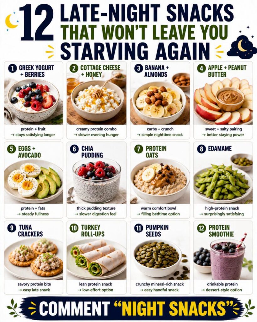 A visually appealing infographic showcasing 12 different healthy late-night snack options each with a small image and a 