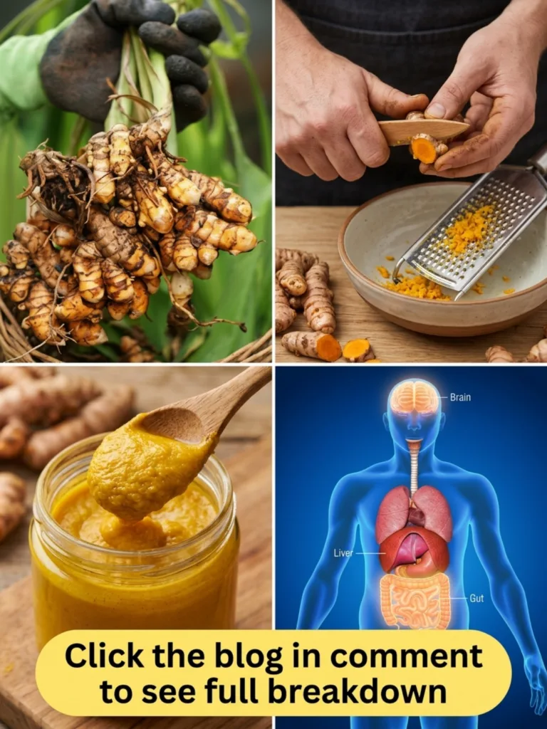 A 2x2 grid collage showing the journey of turmeric harvested rhizomes hands peeling and grating a jar of turmeric paste 