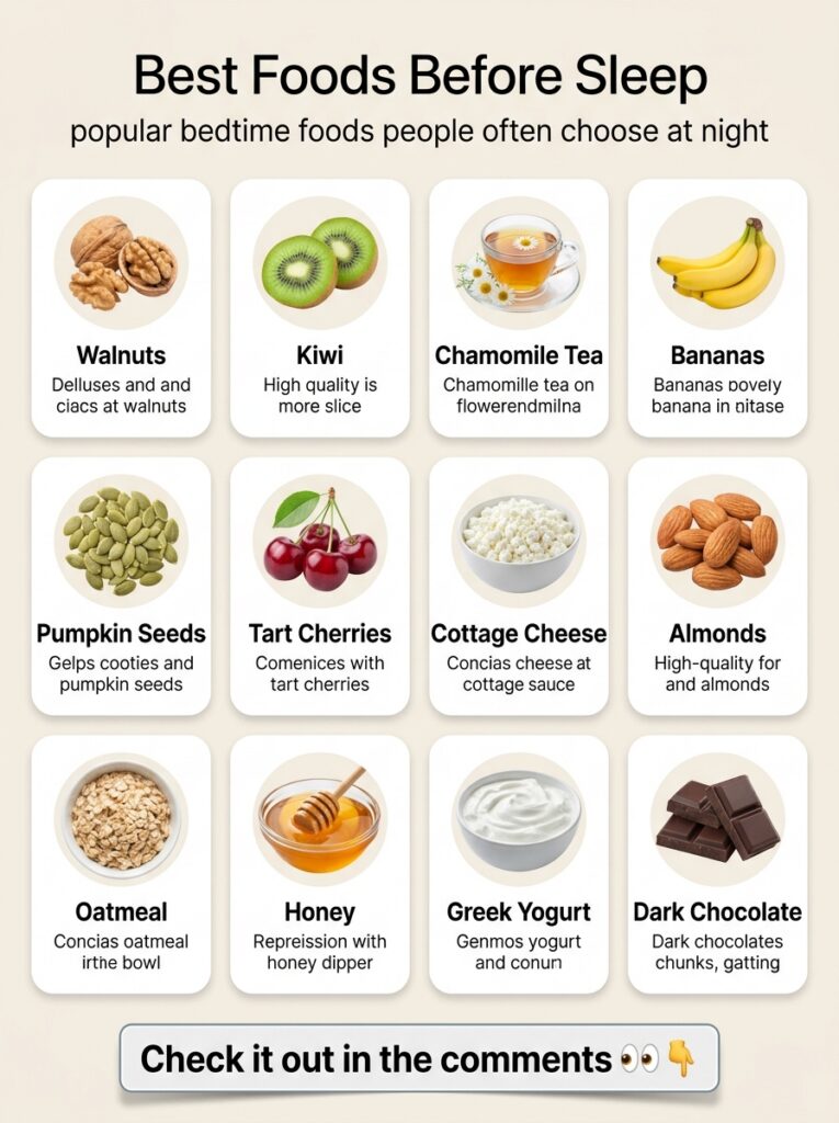 An infographic titled Best Foods Before Sleep displaying 12 different food items like kiwi bananas honey walnuts cottage