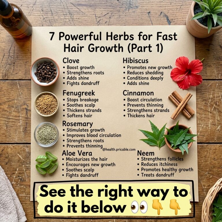 An infographic titled 7 Powerful Herbs for Fast Hair Growth Part 1 laid out on a wooden table detailing Clove Fenugreek 