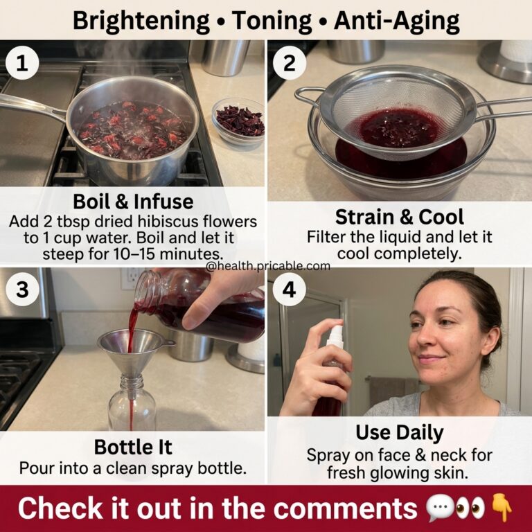 A step-by-step visual guide demonstrating how to prepare and use a homemade hibiscus toner showing ingredients brewing s