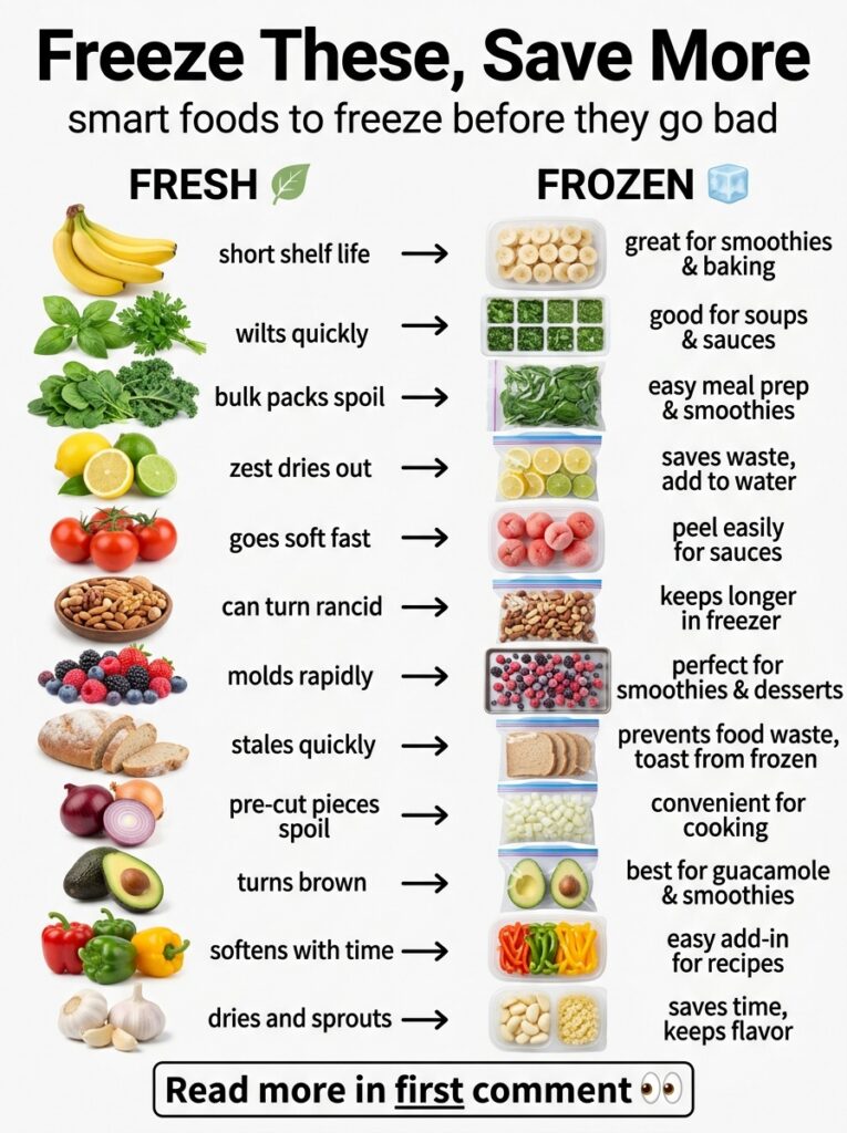An infographic titled Freeze These Save More illustrating various fresh food items and their corresponding frozen versio