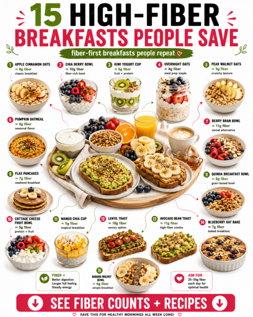 A vibrant clean and modern infographic showcasing 15 different high-fiber breakfast options arranged circularly on a whi