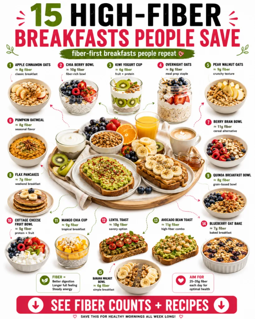 A vibrant clean and modern infographic showcasing 15 different high-fiber breakfast options arranged circularly on a whi
