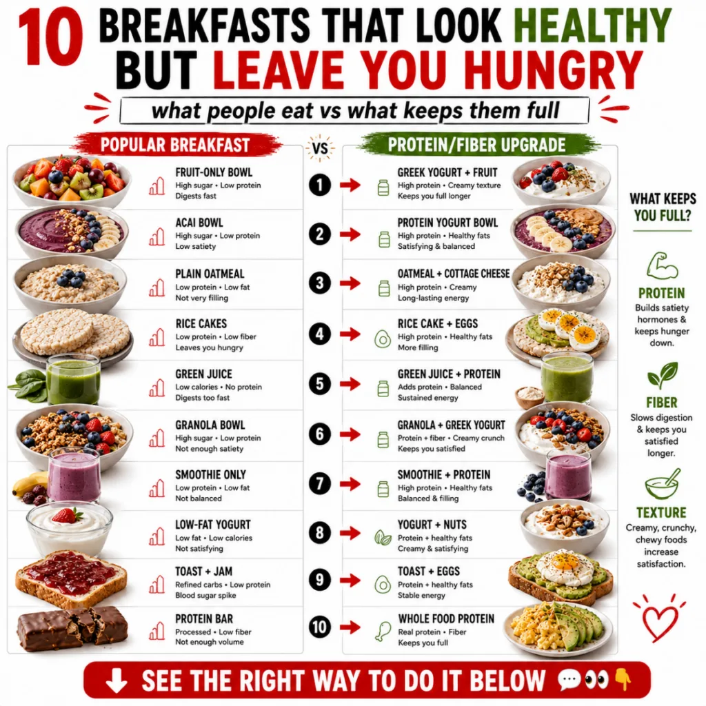 A visually engaging infographic contrasting 10 Breakfasts That Look Healthy But Leave You Hungry with their Protein Fibe