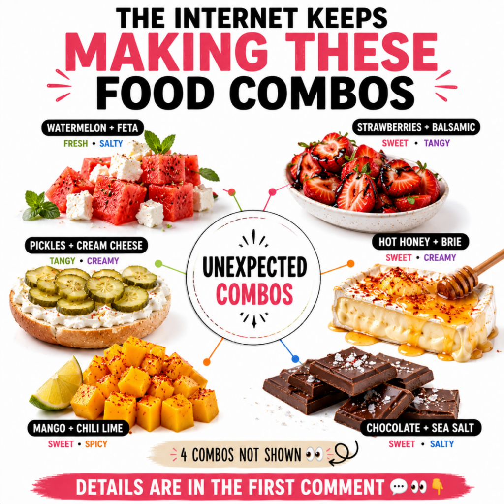 A vibrant and engaging infographic showcasing UNEXPECTED COMBOS like watermelon and feta strawberries and balsamic and m