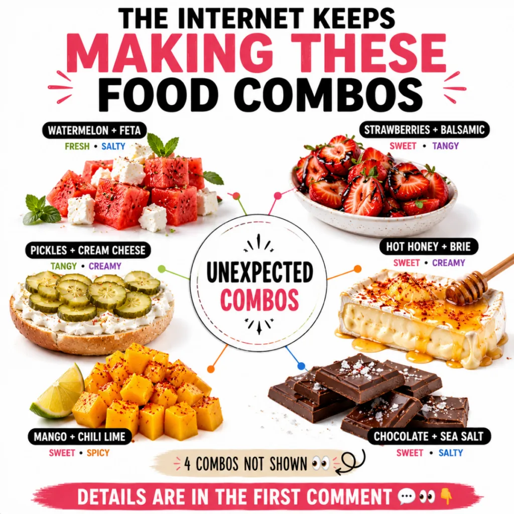A vibrant and engaging infographic showcasing UNEXPECTED COMBOS like watermelon and feta strawberries and balsamic and m