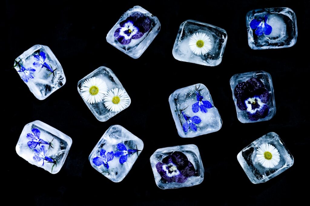 Ice cube tray filled with chopped fresh herbs submerged in olive oil ready for freezing with some already frozen cubes b