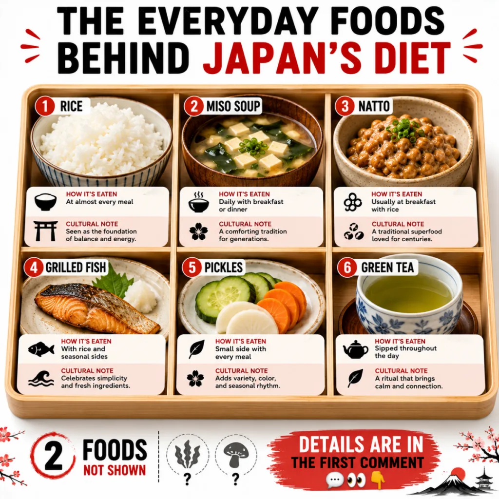 An infographic titled THE EVERYDAY FOODS BEHIND JAPAN S DIET displaying a bento box-style grid of six Japanese food item