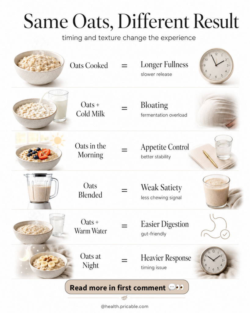 An infographic showing different ways to consume oats cooked raw morning evening with protein with fruit and their corre