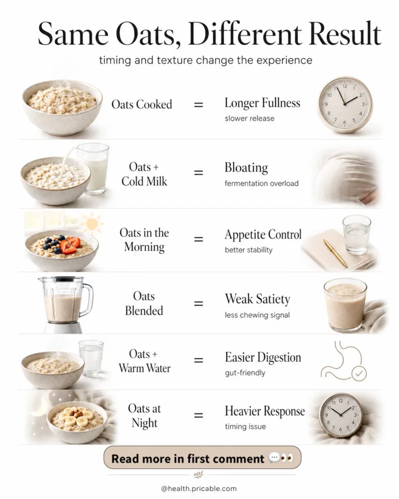 An infographic showing different ways to consume oats cooked raw morning evening with protein with fruit and their corre