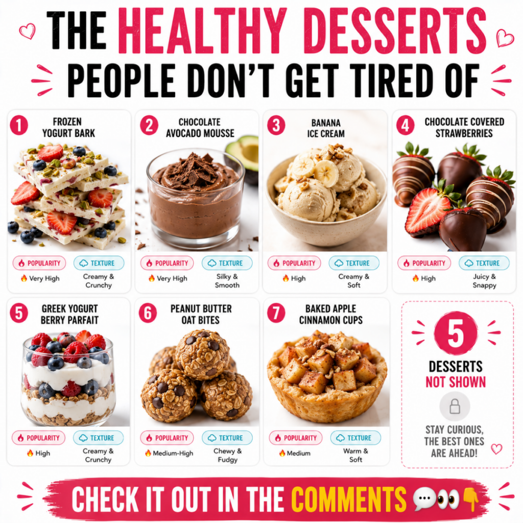 A vibrant and inviting infographic featuring 7 healthy dessert recipes in a clean grid layout The title is THE HEALTHY D