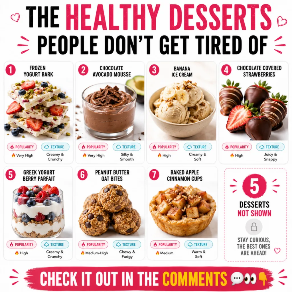 A vibrant and inviting infographic featuring 7 healthy dessert recipes in a clean grid layout The title is THE HEALTHY D
