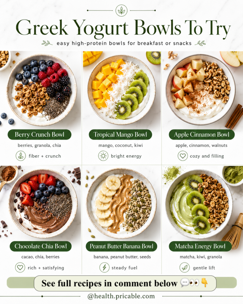 A vibrant and appetizing collage of six distinct Greek yogurt bowls each artfully arranged with colorful and healthy top