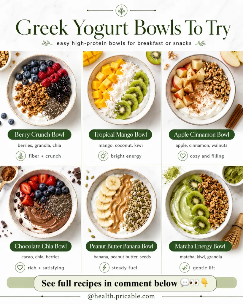 A vibrant and appetizing collage of six distinct Greek yogurt bowls each artfully arranged with colorful and healthy top