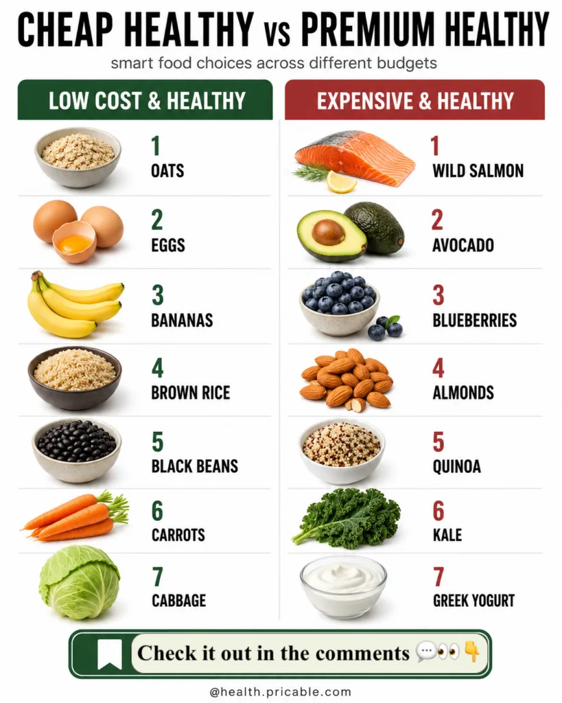 An infographic comparing Cheap Healthy food options like oats eggs and brown rice with Premium Healthy options like wild