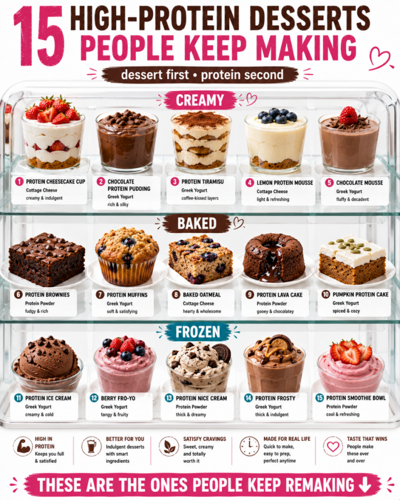 A visually appealing infographic showcasing 15 high-protein desserts categorized into Creamy Baked and Frozen Each desse