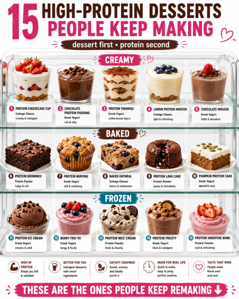 A visually appealing infographic showcasing 15 high-protein desserts categorized into Creamy Baked and Frozen Each desse