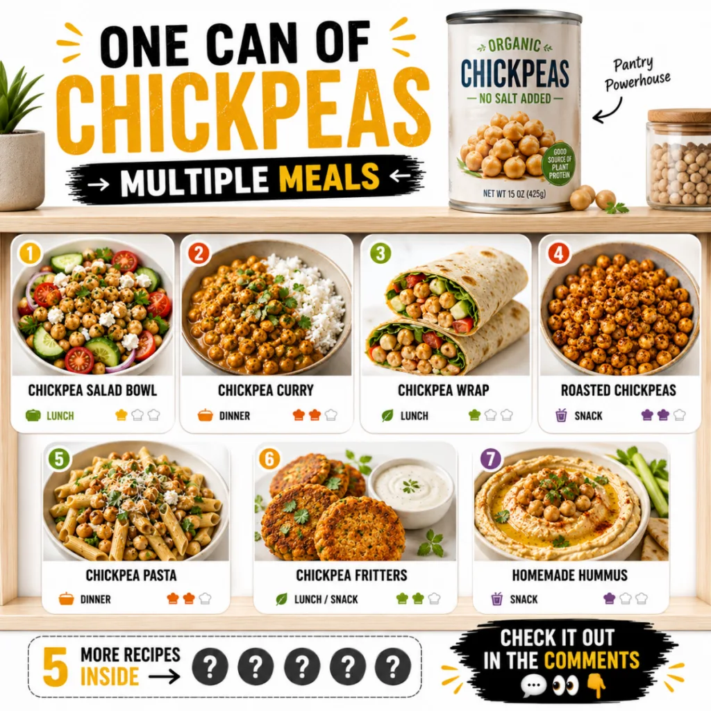 A vibrant infographic titled ONE CAN OF CHICKPEAS MULTIPLE MEALS showing a can of organic chickpeas and 7 different chic
