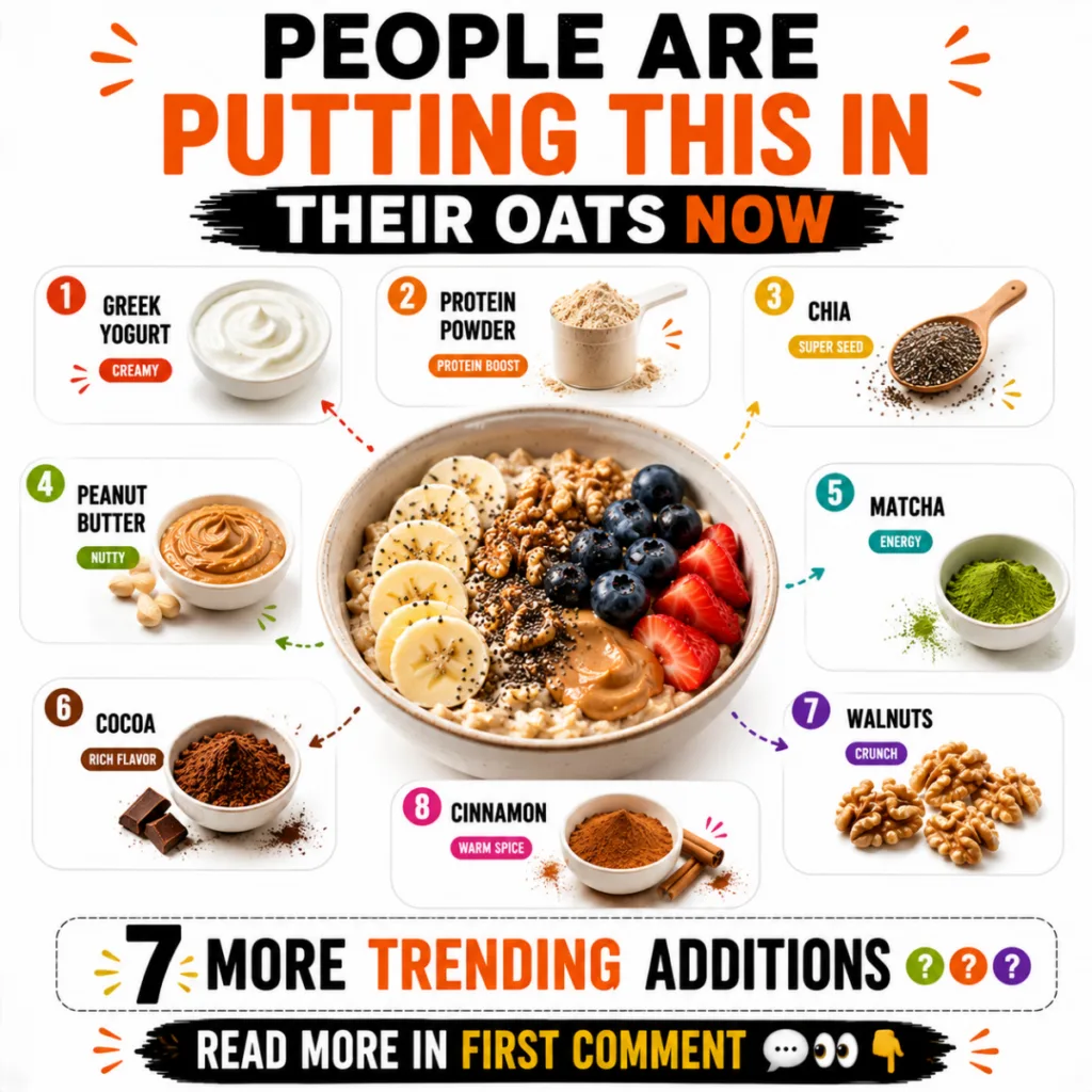 A vibrant clean and highly informative graphic showing a bowl of oatmeal topped with banana blueberries strawberries chi