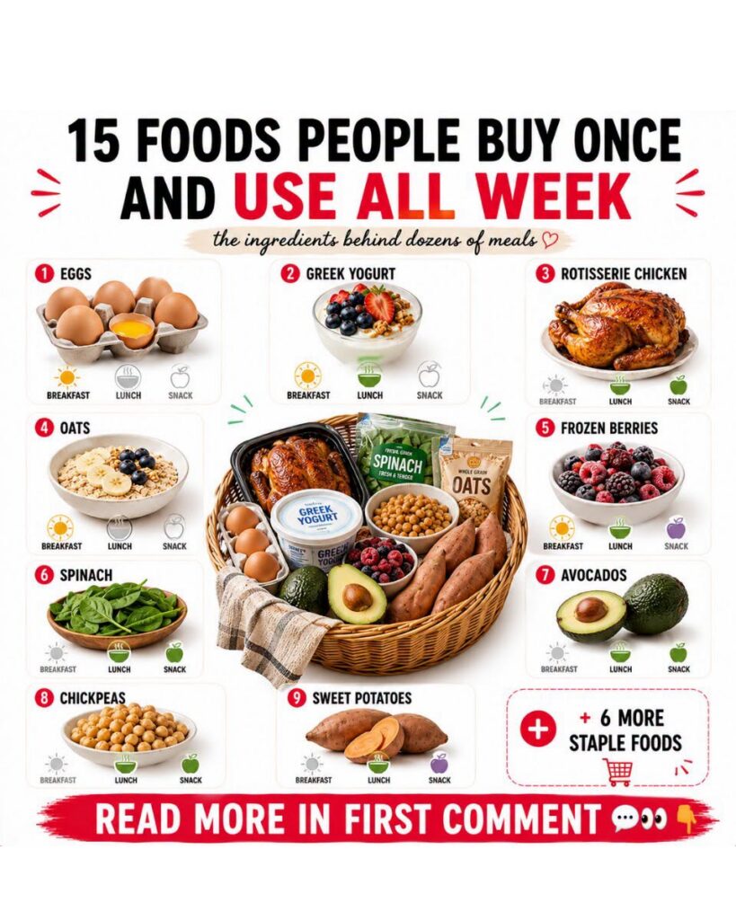 A vibrant clean infographic-style flat lay showing a woven basket overflowing with various fresh and packaged ingredient