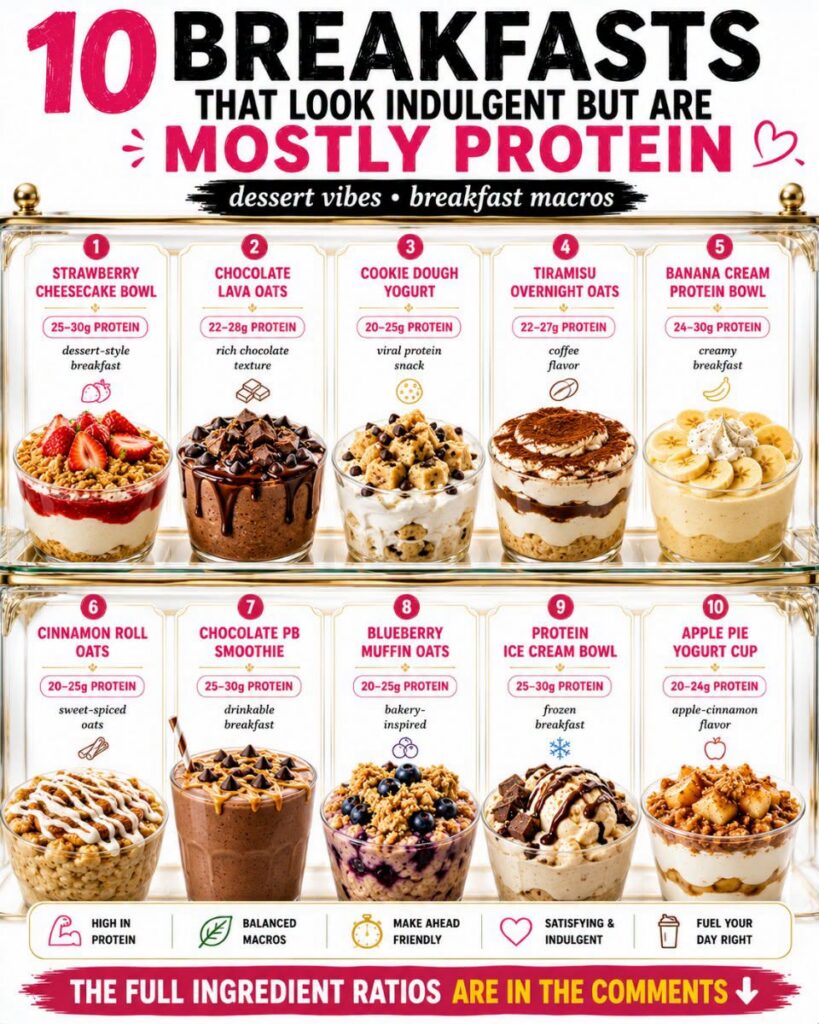 A visually appealing grid of 10 different high-protein breakfast bowls and a smoothie styled to look indulgent and desse
