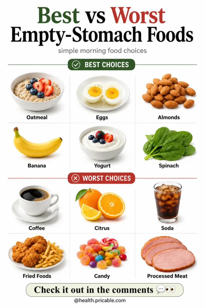 An infographic showing a clear contrast between Best vs Worst Empty-Stomach Foods with specific food items listed under 