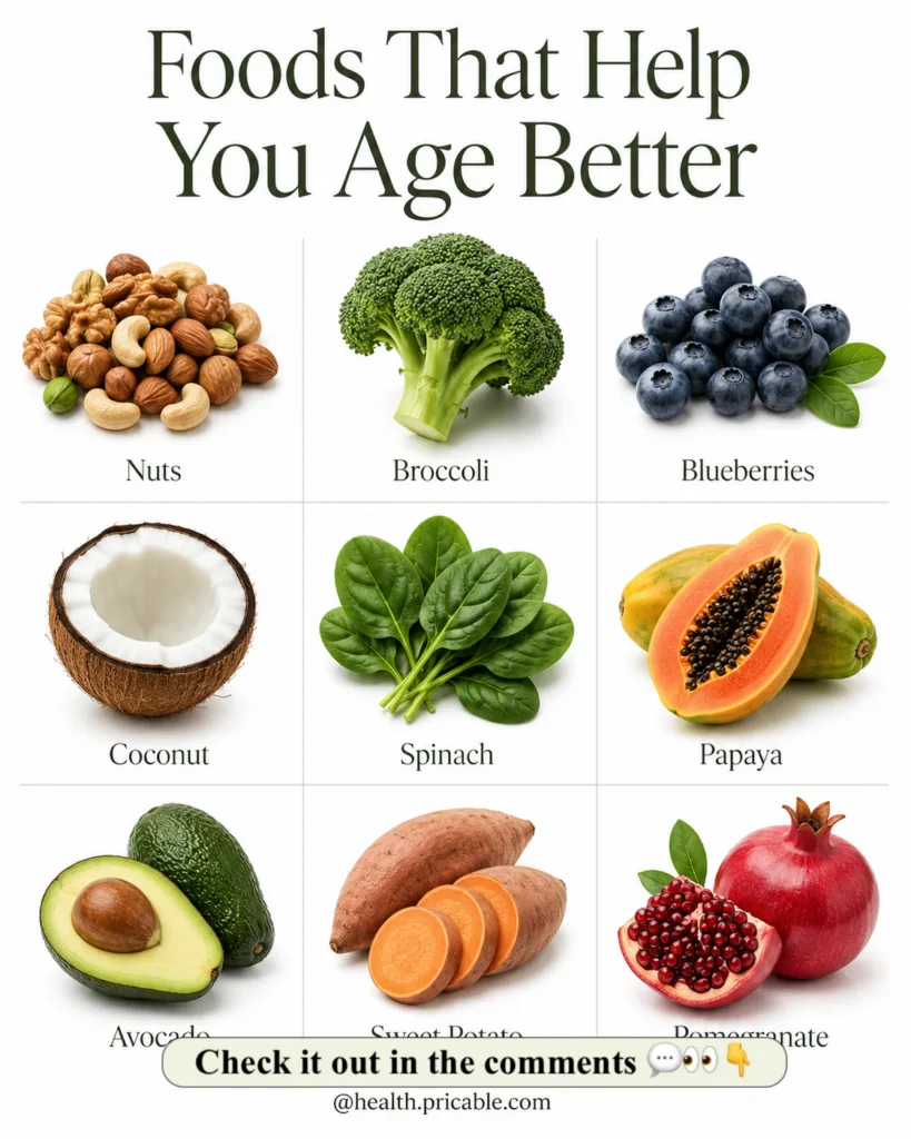 A grid of nine fresh vibrant foods including broccoli spinach blueberries nuts coconut avocado papaya sweet potato and p