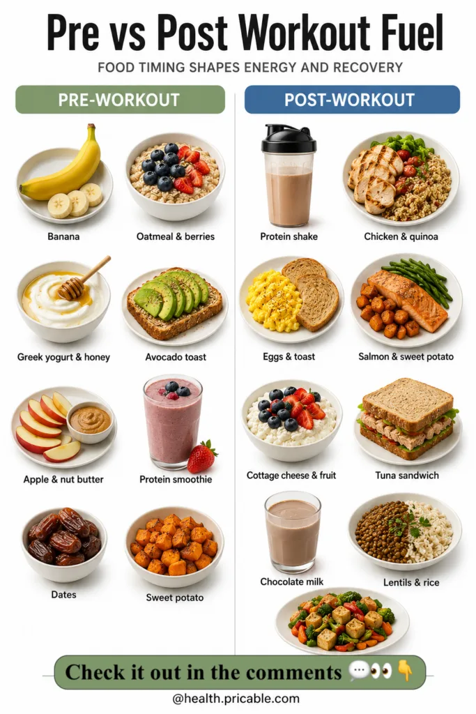 An infographic titled Pre vs Post Workout Fuel with two columns one olive green for pre-workout and one blue-gray for po