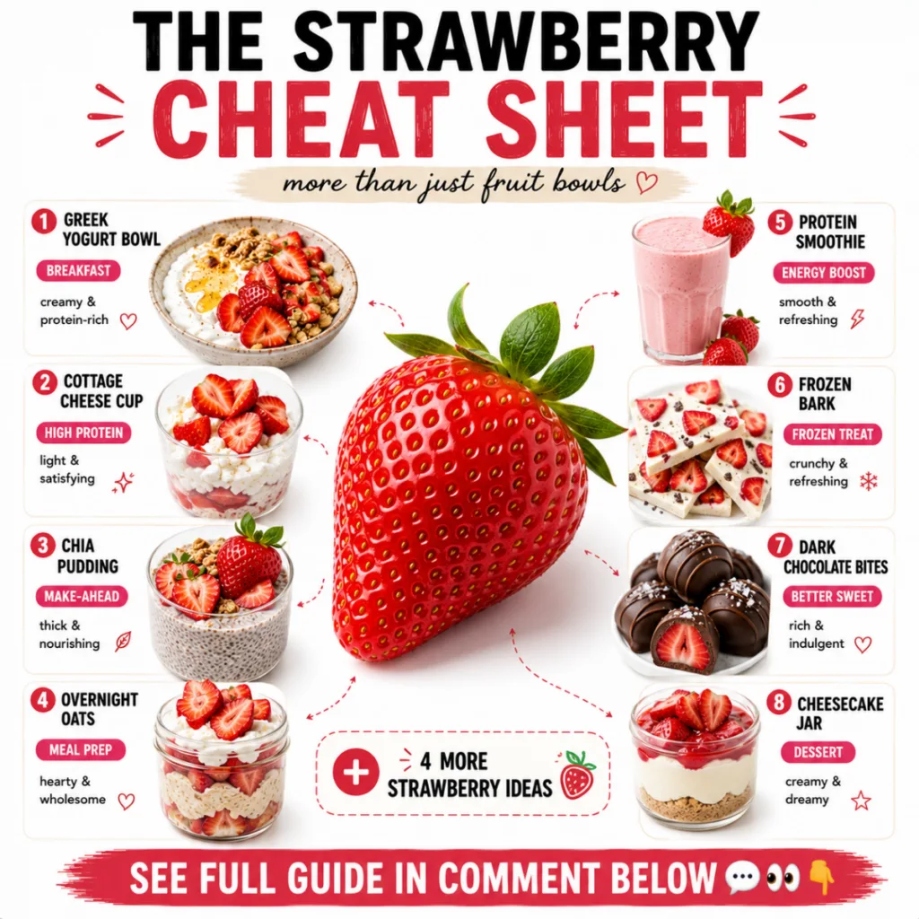 An infographic titled THE STRAWBERRY CHEAT SHEET showcasing 8 different strawberry-based recipes like Greek yogurt bowls