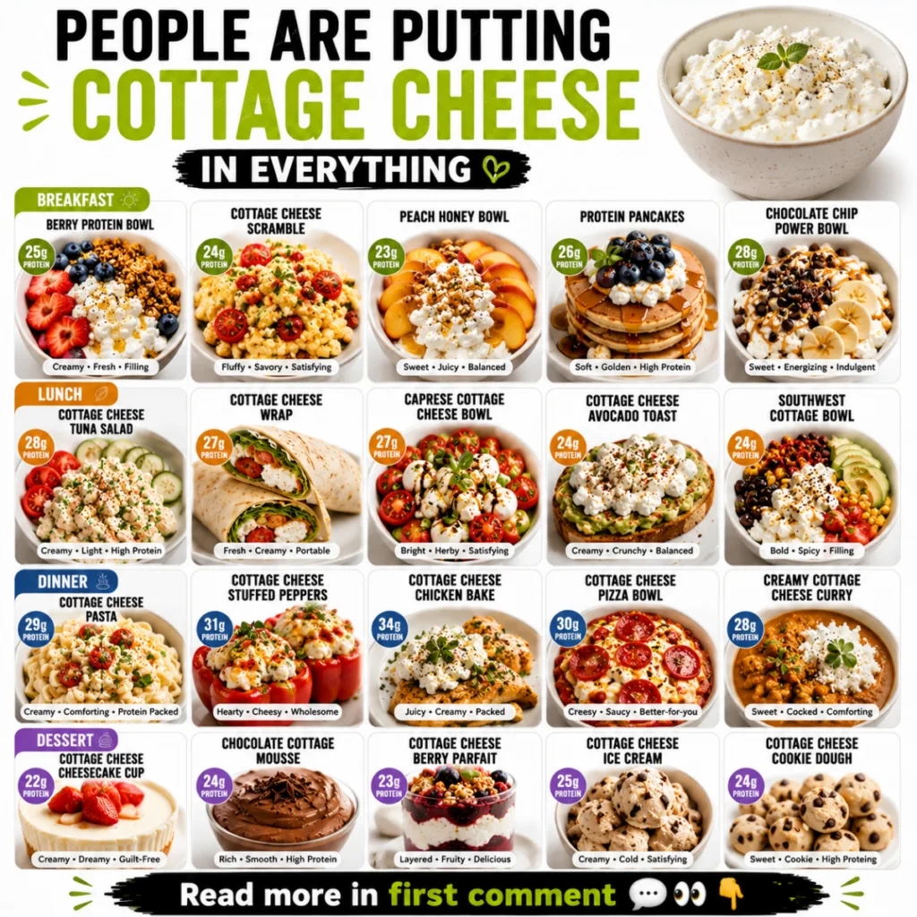 A visual infographic showcasing 20 different cottage cheese recipes categorized by Breakfast Lunch Dinner and Dessert wi
