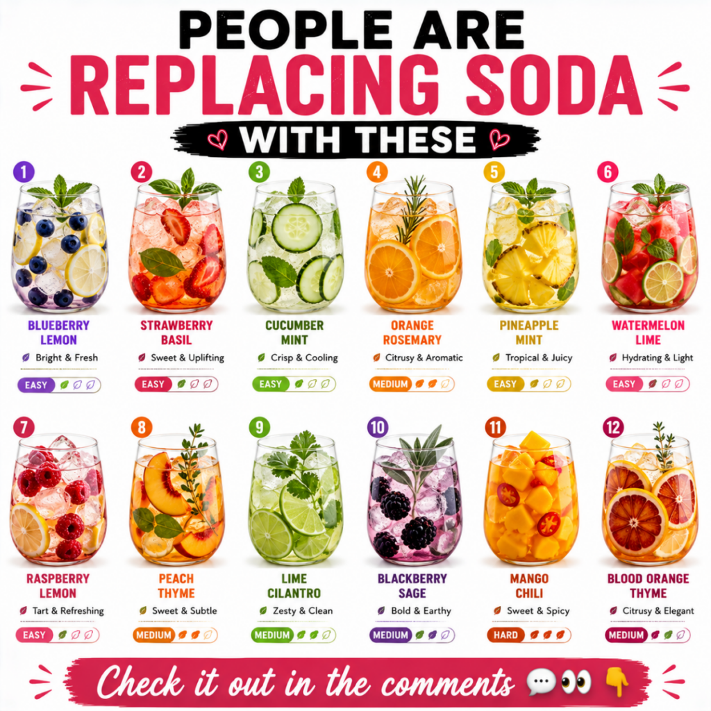 A vibrant infographic displaying 12 different infused water recipes in clear glasses with ice and fresh fruits herbs enc