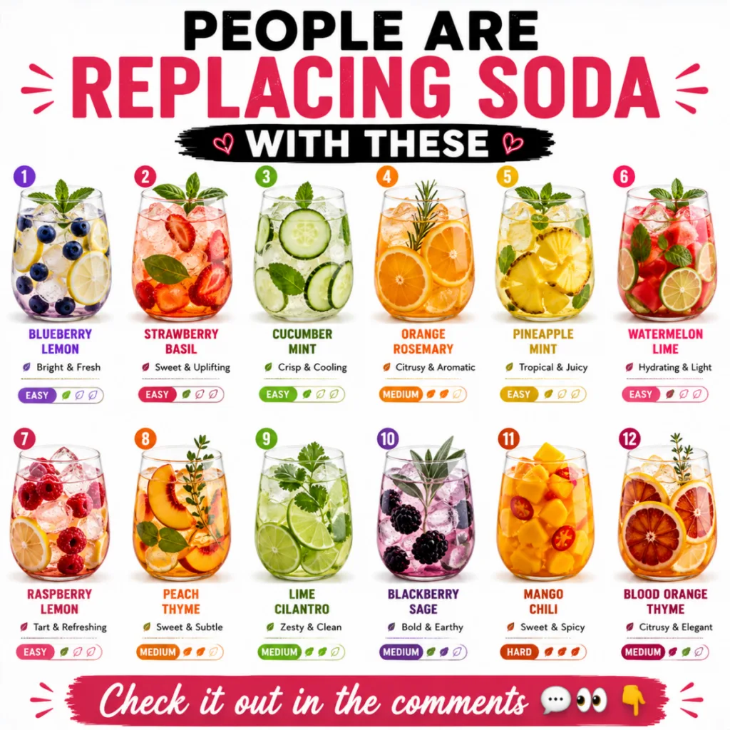 A vibrant infographic displaying 12 different infused water recipes in clear glasses with ice and fresh fruits herbs enc
